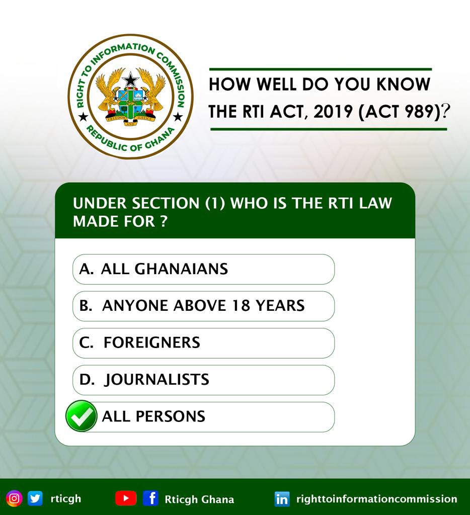 rticghana's tweet photo. 𝐀𝐍𝐒𝐖𝐄𝐑𝐒 𝐓𝐎 𝐓𝐇𝐄 𝐏𝐎𝐋𝐋𝐒 𝐎𝐍 𝐓𝐇𝐄 𝐑𝐓𝐈 𝐀𝐂𝐓 𝟐𝟎𝟏𝟗, (𝐀𝐂𝐓𝟗𝟖𝟗)
#Polls
#KnowTheRTIAct989
#RTICommission https://t.co/JVPCG4sB7v