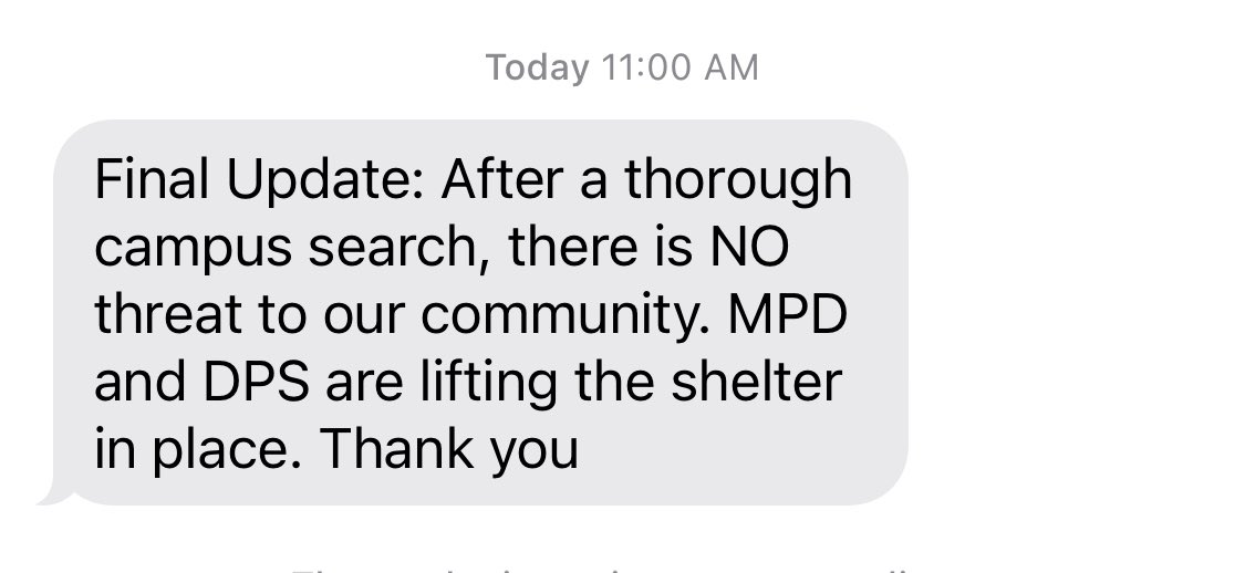 aubrilee's tweet photo. No threat has been found at Catholic University! The shelter in place has been lifted. https://t.co/gxRrlUriaw