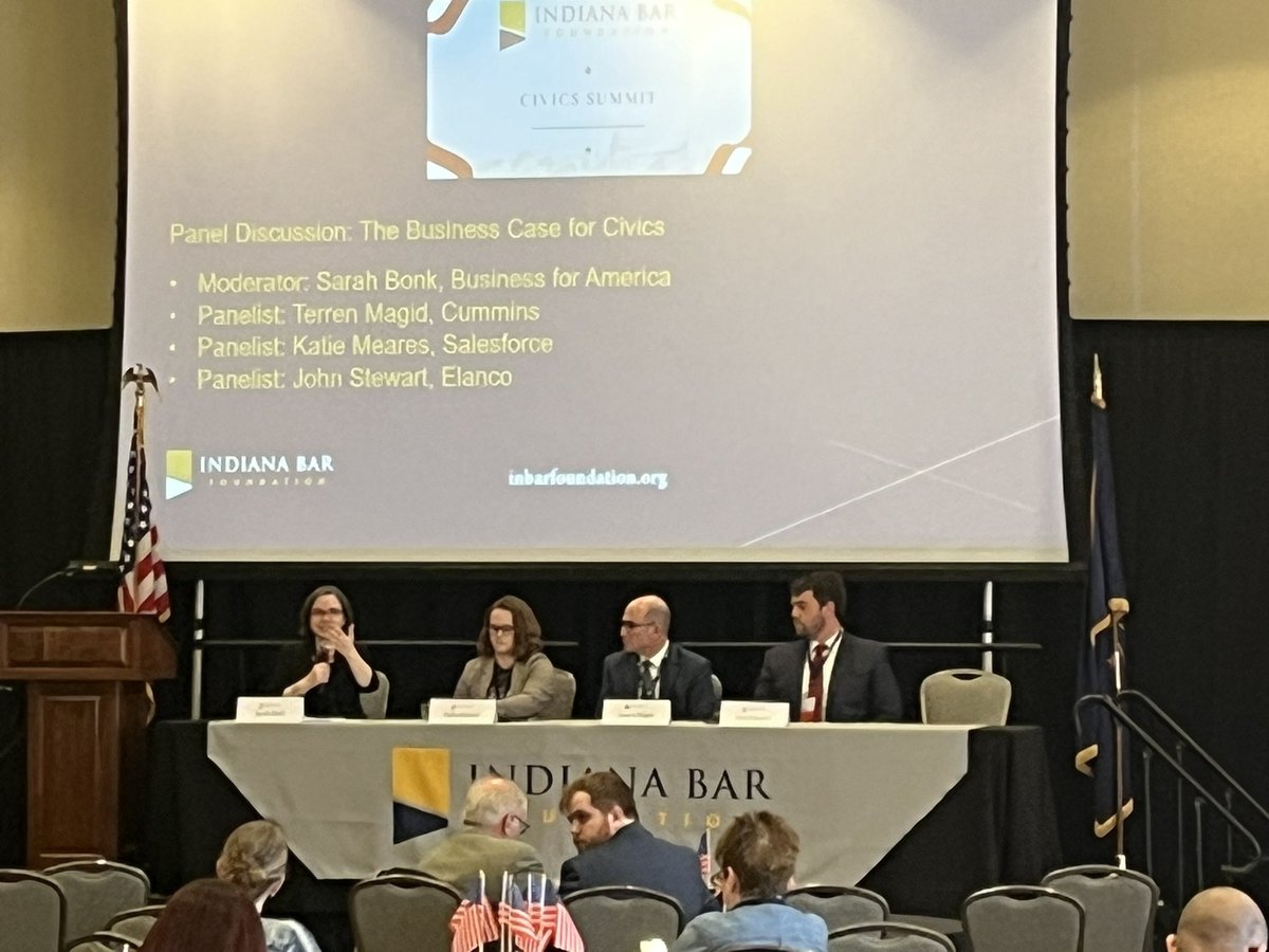 Shawn Healy (@civicsintheusa) on Twitter photo .<a href="/bfamericaus/">Business for America ☆</a> CEO Sarah Bonk leads a panel making the business case for civics, launching an Indiana business coalition for civics, including <a href="/SalesforceOrg/">Salesforce.org</a> <a href="/Cummins/">Cummins Inc.</a> and <a href="/Elanco/">Elanco</a> .<a href="/bfamericaus/">Business for America ☆</a> CEO Sarah Bonk leads a panel making the business case for civics, launching an Indiana business coalition for civics, including <a href="/SalesforceOrg/">Salesforce.org</a> <a href="/Cummins/">Cummins Inc.</a> and <a href="/Elanco/">Elanco</a>