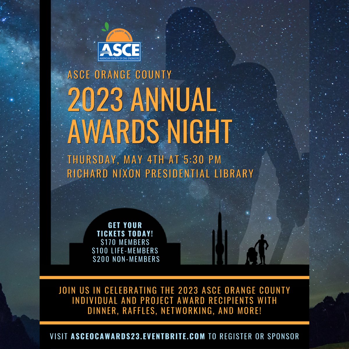 Register today for the 2023 ASCE Orange County Annual Awards Night on Thursday, May 4th (5:30 pm) at the Richard Nixon Presidential Library in Yorba Linda, CA! ✨ We hope to see you all there!

Register here: eventbrite.com/e/2023-asce-oc…

#ASCEOrangeCounty #AnnualAwardsDinner2023