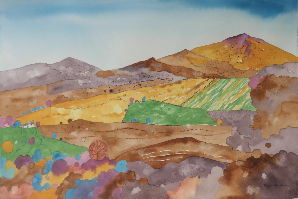 "The Howgill Fells, Yorkshire Dales", watercolour. The Howgill Fells are in the far northwest corner of the Yorkshire Dales and abut the Lake District. Unlike most of the Dales which are limestone, these Fells are mainly sandstone and mudstone and over 100 million years older.