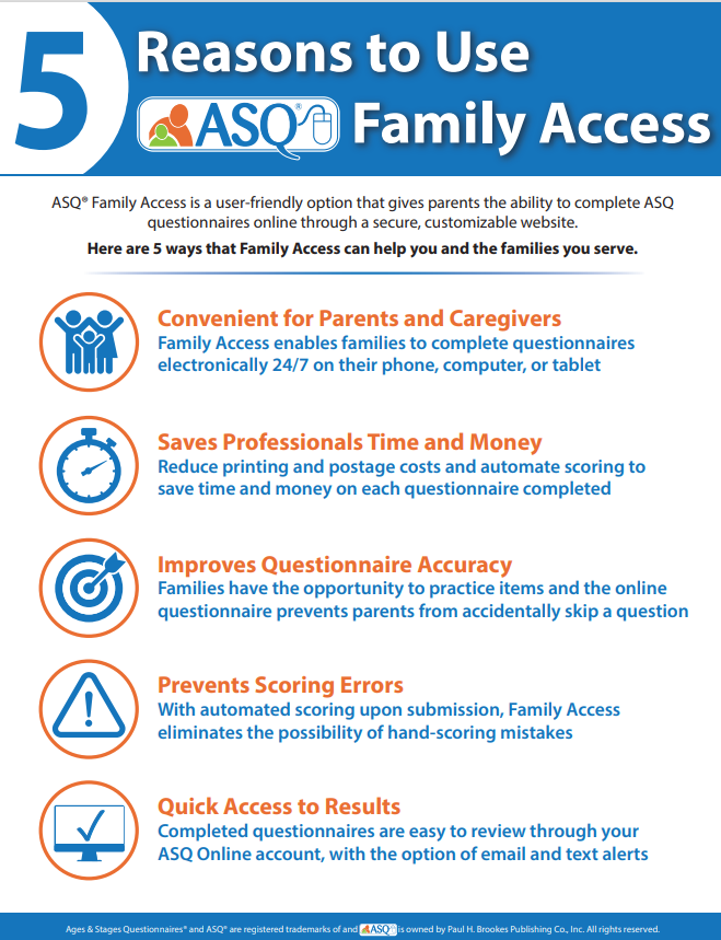 BrookesASQ's tweet image. With ASQ Online Family Access subscription, parents and families can conveniently complete ASQ-3 and ASQ:SE-2 questionnaires on their phones, tablets, or computers, helping to ensure scoring accuracy. #earlychildhood #earlyyears #developmentalscreening #childdevelopment
