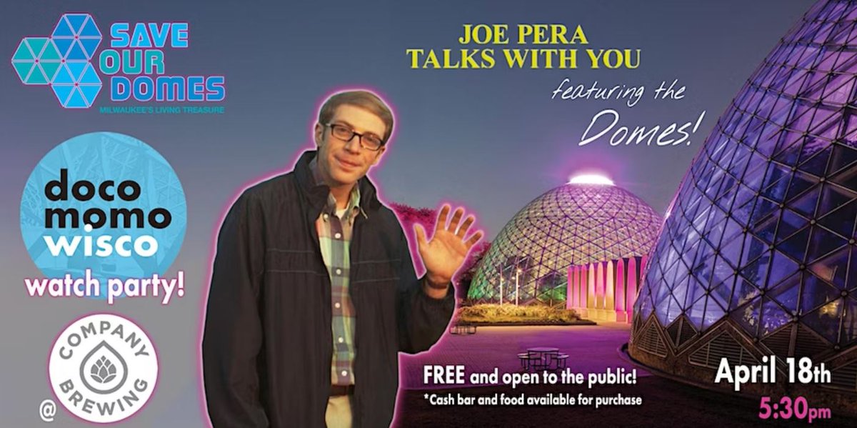 Join <a href="/docomomo_us/">Docomomo US</a> WI and MPA at <a href="/companybrewing/">Company Brewing</a> for a Joe Pera watch party of our favorite episode, as navigates the streets of Milwaukee and finally finds himself in deep contemplation under the spectacular cover of the glowing Mitchell Park Domes.
Free!  eventbrite.com/e/joe-pera-tal…