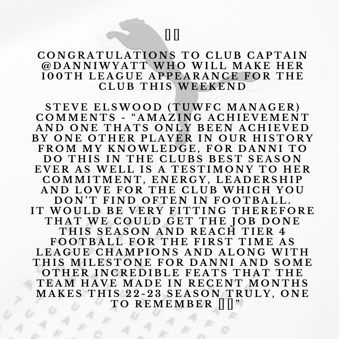 🟡💯 

Congratulations to Club Captain @DanniWyatt who will make her 100th League Appearance for the club this weekend

#TUWFC #TUAFC @TUFC1899