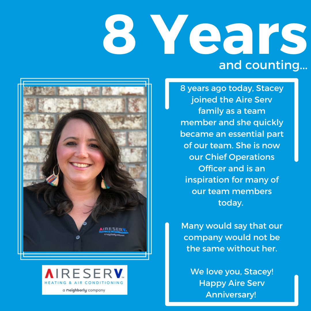 AireTipton's tweet photo. We have a very special Aire Serv anniversary today as Stacey celebrates 8 years on our team! We are so thankful for all that you do, and we are so proud to have you as a part of our Aire Serv family! https://t.co/9Afz3vkpLn