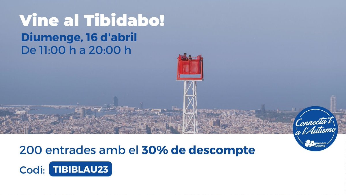 🔵S'acosta el cap de setmana i ganes no ens en falten! La jornada solidària del proper diumenge 16 d'abril al <a href="/parctibidabo/">Parc d'atraccions Tibidabo</a> està al caure!

Aprofita les últimes entrades que tenim amb un 30% de descompte aplicant el codi TIBIBLAU23. #ConnectatAlAutisme 👉ja.cat/CgJUd