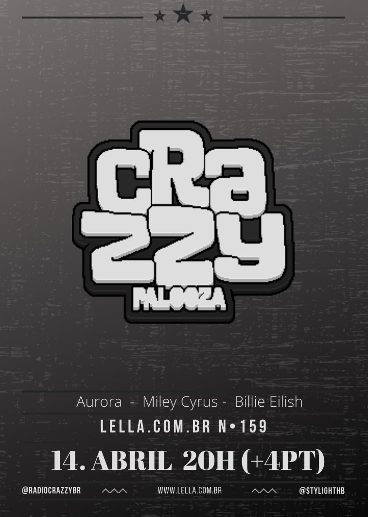 Em 14/04 acontece a primeira edição do festival CrazzyPalooza, que espera shows de Miley Cyrus, AURORA e a norte-americana Billie Eilish, como headliner. O evento produzido pelo time STYLIGHT, trás premiações exclusivas e uma experiência nunca antes vista no hotel. Salve a data!