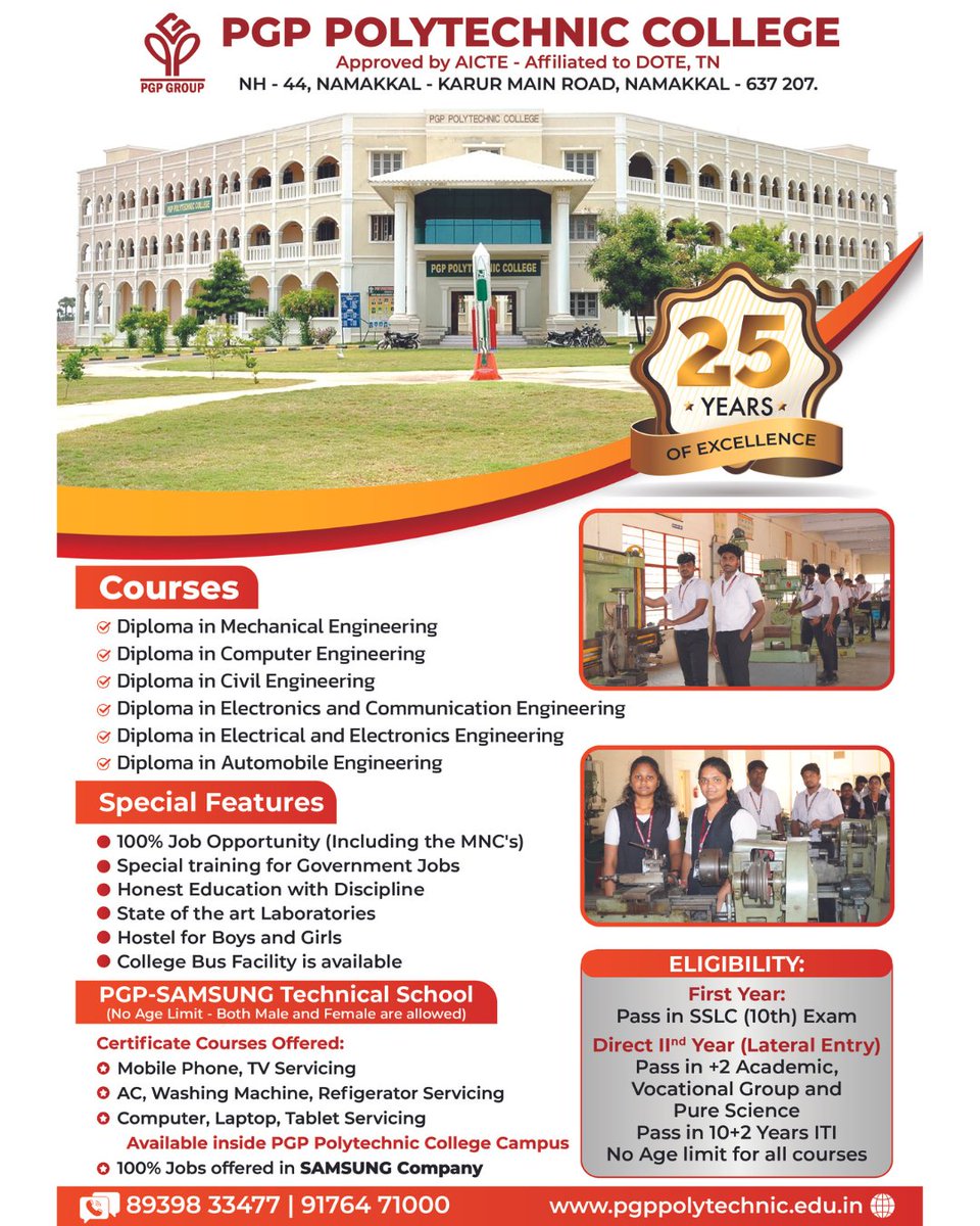 PGPPolytechnic's tweet image. With our state-of-the-art facilities and expert faculty, we provide an exceptional learning experience for students in the field of technology. Join our community and discover your potential today!

For Admission Contact,
📞8939833477

 #BestPolytechnicCollege #namakkalcollege