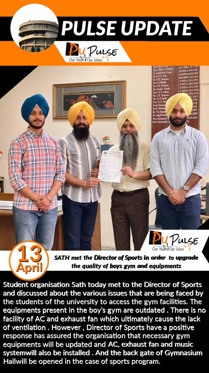 pu_pulse's tweet image. #SATH met the Director of Sports in order to upgrade the quality of boys gym and equipments.
#pupulse #pulseupdate