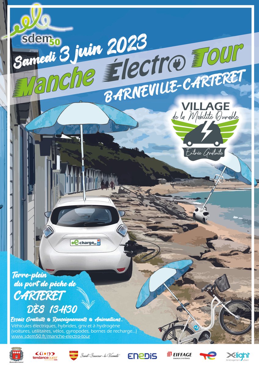 MET 2023 | samedi 3 juin 2023 
Le Manche Electro tour, c’est aussi un Village de la #Mobilité #Durable de 13h30 à 19h, sur le terre-plein du port de pêche de Carteret de @MairieBaC.
Pour devenir exposant : sdem50.fr/sites/default/…