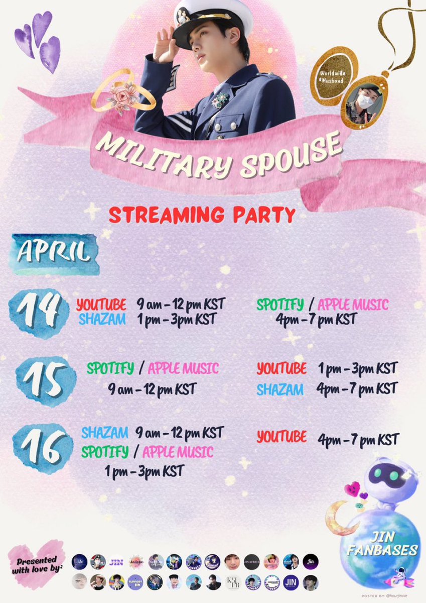 seokjinism1's tweet photo. This is our upcoming schedule for "Military Spouse Party." Take a notes and join us tomorrow, let's direct our energy to streaming while waiting for Jin 🎤🎶

#MilitarySpouseParty
#SoloistJinTo500M https://t.co/Uy3xVNcmrs