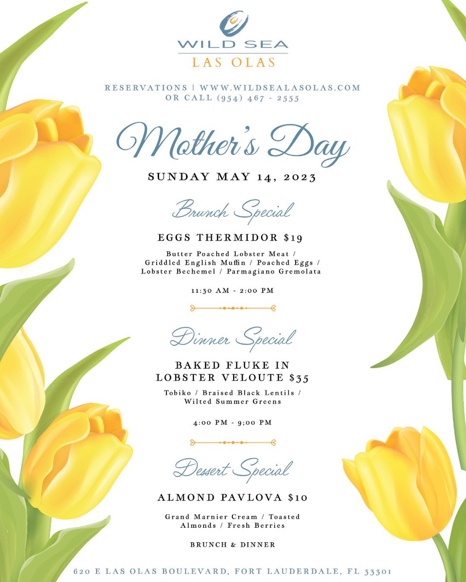 WildSeaLasOlas's tweet photo. Mother's Day will be here before we know it. Celebrate at Wild Sea with delicious specials. Reservations are now open! Get in touch today and make it a memorable day mom will never forget. #WildSea #LasOlas #RiversideHotel #MothersDay https://t.co/tGLkWPSF4d