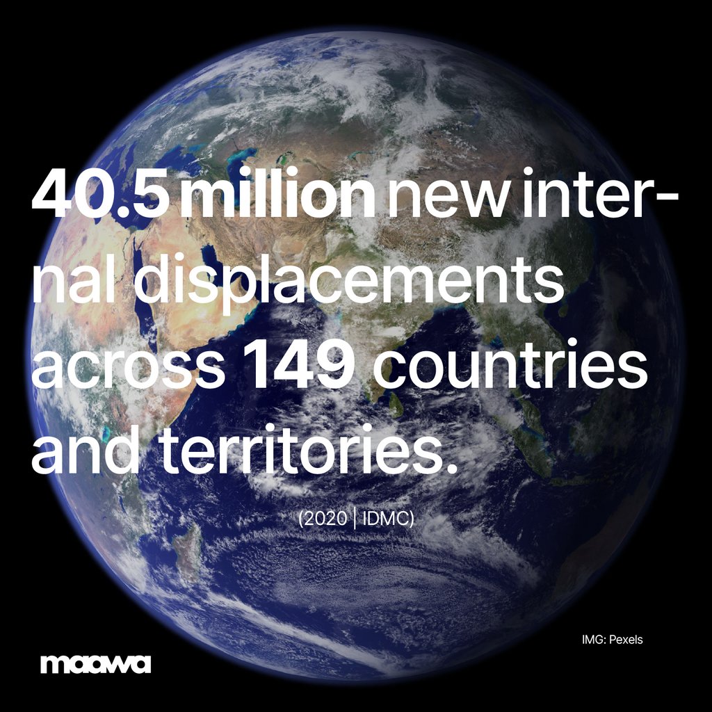 maawaco's tweet photo. Conflict &amp; disasters triggered 40.5M new internal displacements in 2020 across 149 countries. That's 1 person forced to flee every 2 seconds. #internaldisplacement #disasterresponse #conflictresolution #maawa https://t.co/5JdprQxgdO