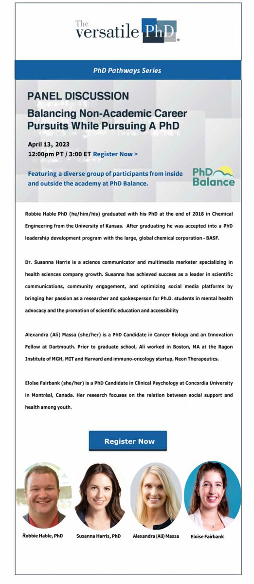 Feeling out of balance?

Join us TODAY for a special #PhDPathways discussion on "Balancing Non-Academic Career Pursuits While Pursuing a PhD" with a diverse and insightful group of panelists from PhD Balance.

April 13 - 12pm PT
Members register here: versatilephd.com/phd-pathways/