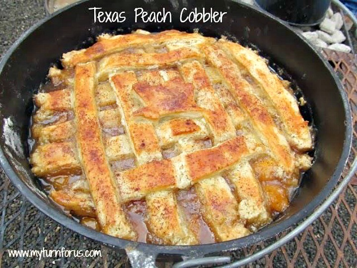 This Texas Peach Cobbler is made outside in a Dutch Oven and cooked over a campfire. #PeachCobblerDay
Recipe>>myturnforus.com/dutch-oven-tex…
This Dutch Oven Peach Cobbler is one of our most popular recipes.  Maybe it’s because we had so much fun making it or it’s everyone’s dream