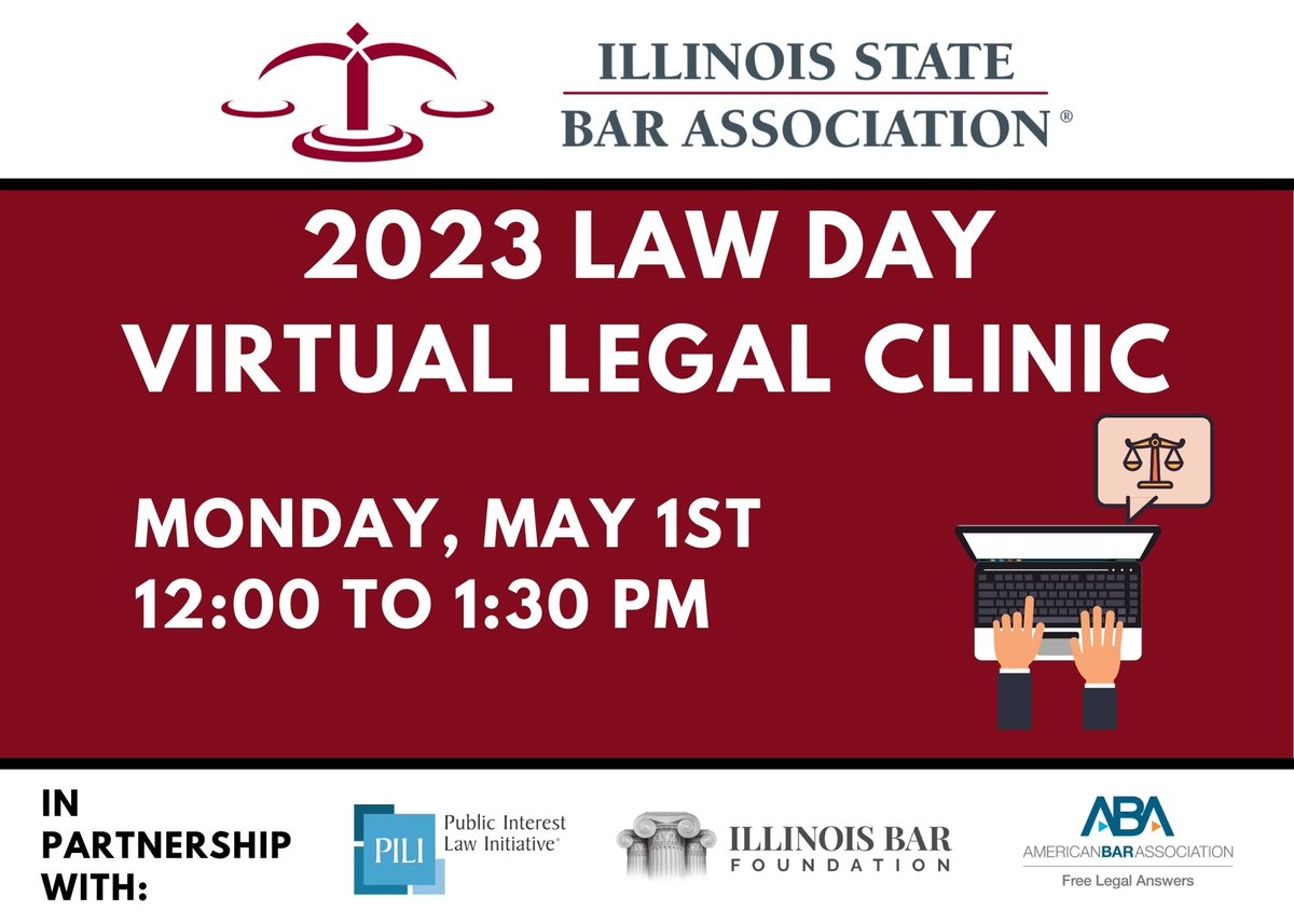 ISBAlawyer's tweet photo. #LawDay2023 Get #FreeCLE on May 1 and learn more about unmet legal needs in Illinois and how Illinois Free Legal Answers helps meet those needs.
Info: https://t.co/grhfALT0uw
@PILI_Tweets
Illinois Bar Foundation
@ABAesq https://t.co/yJ2QXs8xgz