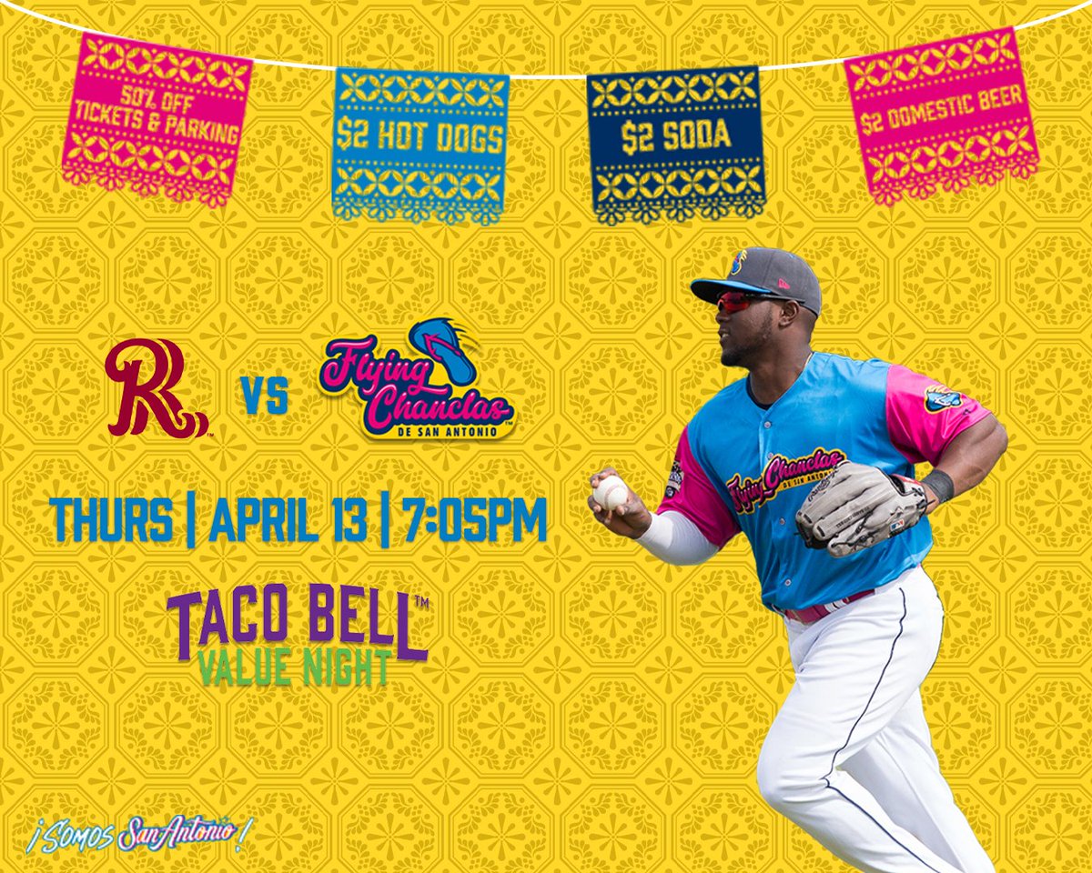 missionsmilb's tweet photo. ¡Los Flying Chanclas de San Antonio juegan esta noche! 🩴
It's Taco Bell Value Night:
🎟 50% off tickets &amp; parking
🌭 $2 Hot Dogs
🥤 $2 Coca-Cola products
🍻 $2 Domestic Drafts
#CopadelaDiversion #SomosSanAntonio 
Get your tickets now: https://t.co/R2znq6cpBQ https://t.co/qIXTLehfGK