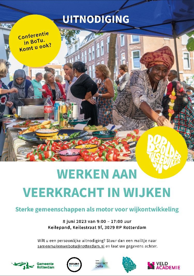 Samen met <a href="/BospolderT/">BospolderTussendijken</a>, <a href="/Veldacademie/">Veldacademie</a>, <a href="/Resilient_Delta/">Resilient Delta Initiative</a> en het <a href="/aankeilen/">Het KeileCollectief</a> organiseert <a href="/rotterdam/">Gemeente Rotterdam</a> op 8 juni de conferentie ‘Werken aan #veerkracht in wijken’ in #BospolderTussendijken voor professionals. Meer weten? bit.ly/BoTuConferentie