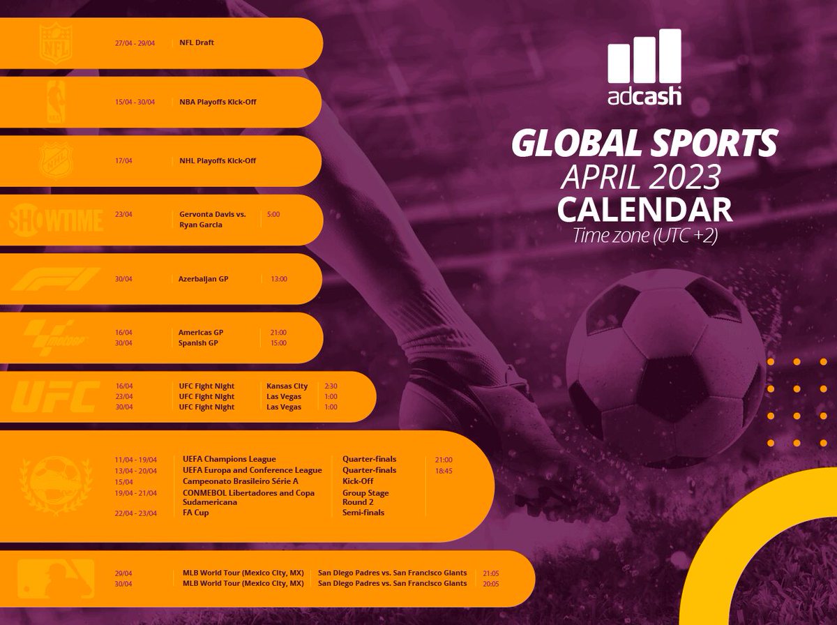Adcash's tweet photo. It’s time to maximize the results from your efforts and convert top-tier #traffic with next month's biggest sports lineups. ⚽️🏀🏑 April 2023 schedule is here!

#Adcash #adtech #sport #sportscalendar #advertising #UFC #UEFA #NBA #championsleague #NHL #MotoGP #F1 #NFL #showtime https://t.co/e7b0JqkXrb