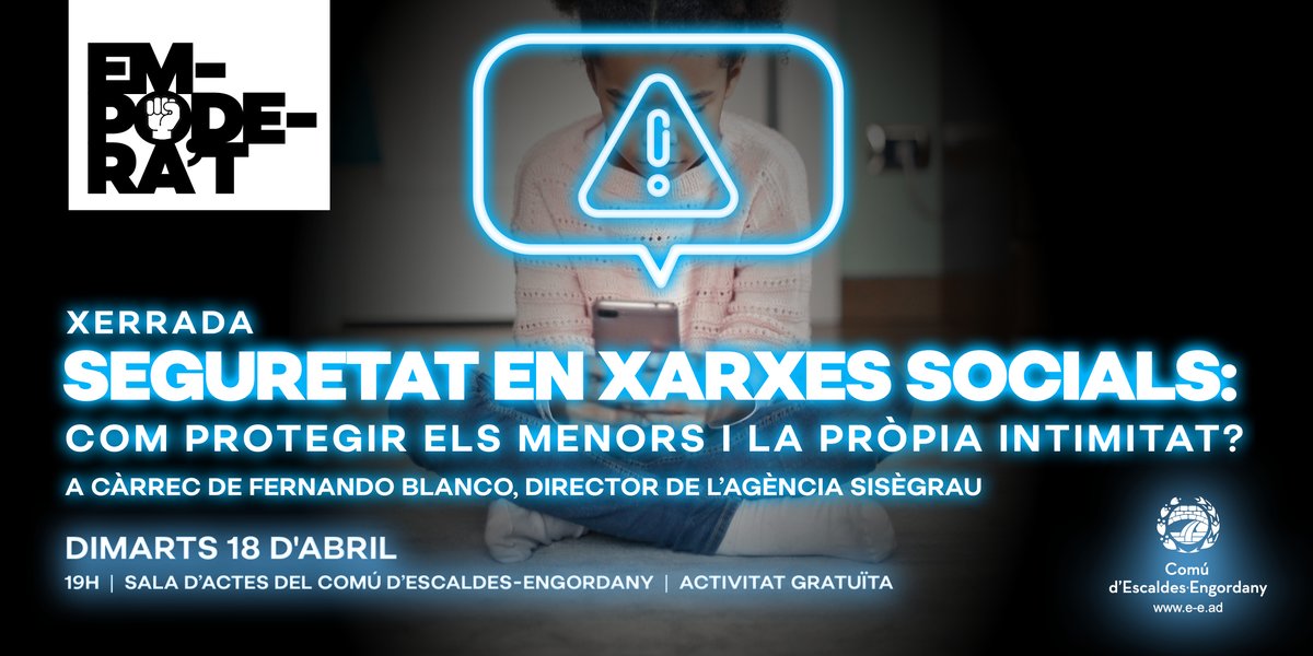 comuee's tweet photo. 👉 Xerrada 'Protegeix els menors de les xarxes socials' . La importància de la seguretat i intimitat a les xarxes socials. L'activitat és gratuïta.

🗓️ Dimarts 18 d'abril, a les 19 hores
📍 Sala d'actes de Comú

#Empoderat #xerrada #xxss https://t.co/UyYG2IgSAd