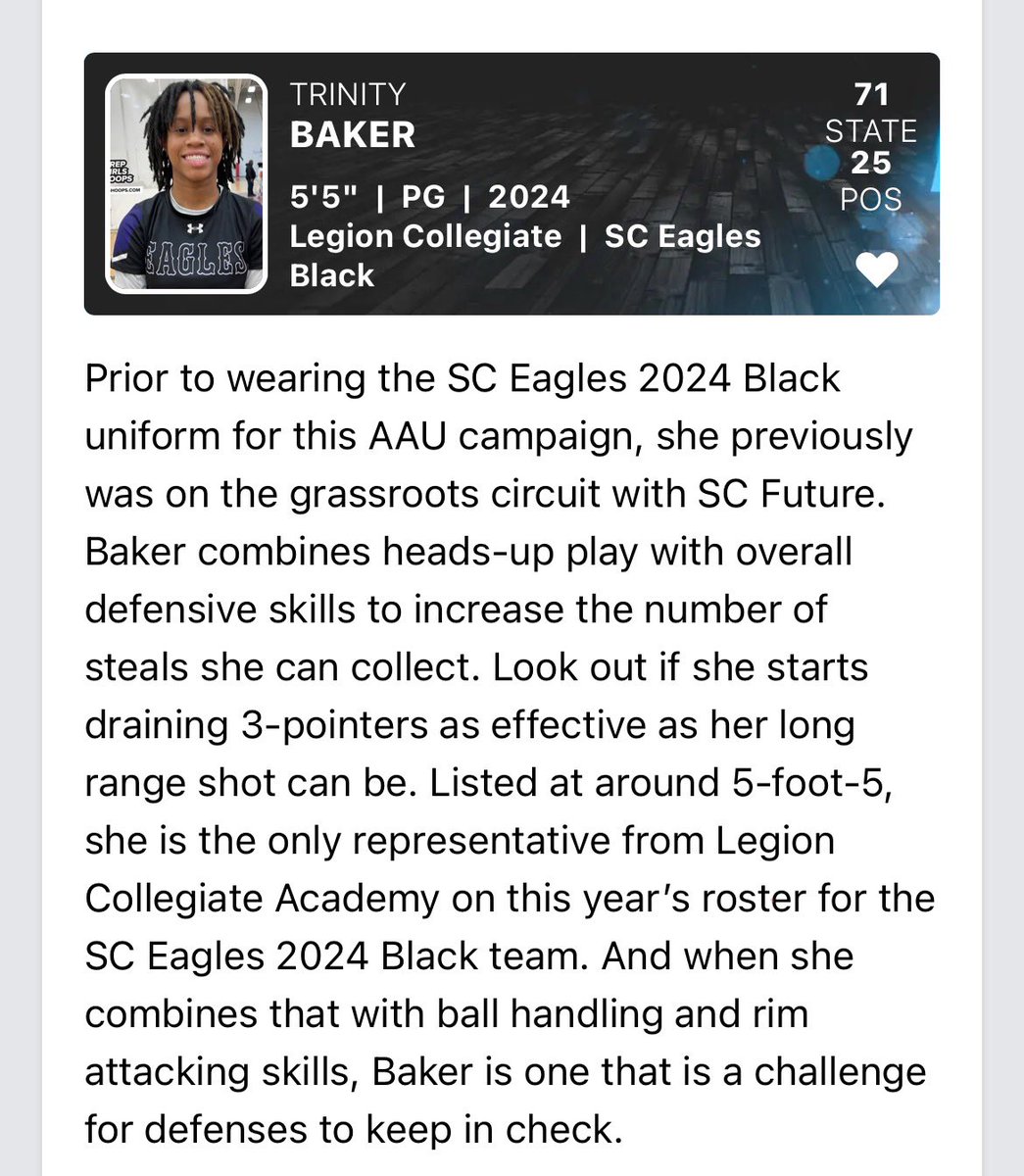 Thank you <a href="/PGH_SCarolina/">Prep Girls Hoops South Carolina</a> for the recognition and write up!💜 <a href="/CBailz08/">Corey Bailey</a> <a href="/PrepGirlsHoops/">Prep Girls Hoops 🏀</a> <a href="/PreciseTrain06/">Joshua Planter</a> <a href="/Legiongbb/">Legion Collegiate Academy Girls Basketball</a> <a href="/daddy2tlb/">RB</a> <a href="/QueensUniv/">Queens University of Charlotte</a> @CarolinaGHoops