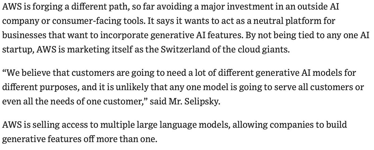 Deepak_Sharma's tweet photo. In the race of Generative AI, “By not being tied to any one AI startup, AWS is marketing itself as the Switzerland of the cloud giants.” https://t.co/yzfFnWvInA https://t.co/pv89YVmyAj