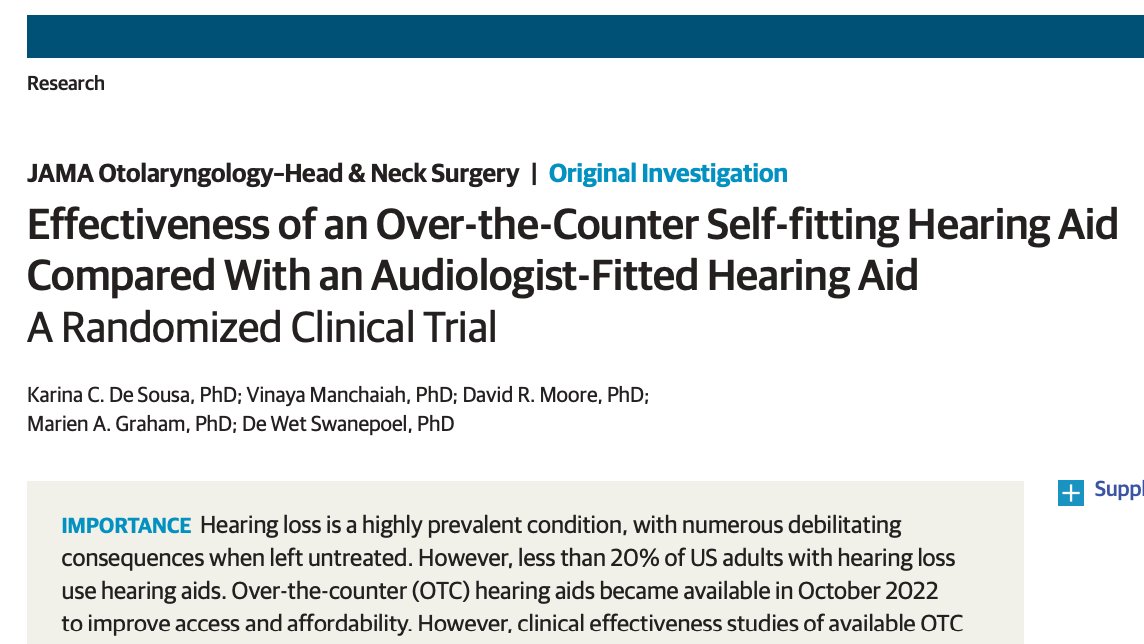 DeWet Swanepoel (@dewetswanepoel) on Twitter photo New study in JAMA shows equivalent hearing aid benefit for self-fitting OTC compared to audiologist-fitted conditions
Well done <a href="/KarinaCDeSousa/">Karina De Sousa</a> <a href="/VManchaiah/">Vinaya Manchaiah</a> and colleagues
#hearingaids #hearingloss #hearingcare
jamanetwork.com/journals/jamao… New study in JAMA shows equivalent hearing aid benefit for self-fitting OTC compared to audiologist-fitted conditions
Well done <a href="/KarinaCDeSousa/">Karina De Sousa</a> <a href="/VManchaiah/">Vinaya Manchaiah</a> and colleagues
#hearingaids #hearingloss #hearingcare
jamanetwork.com/journals/jamao…