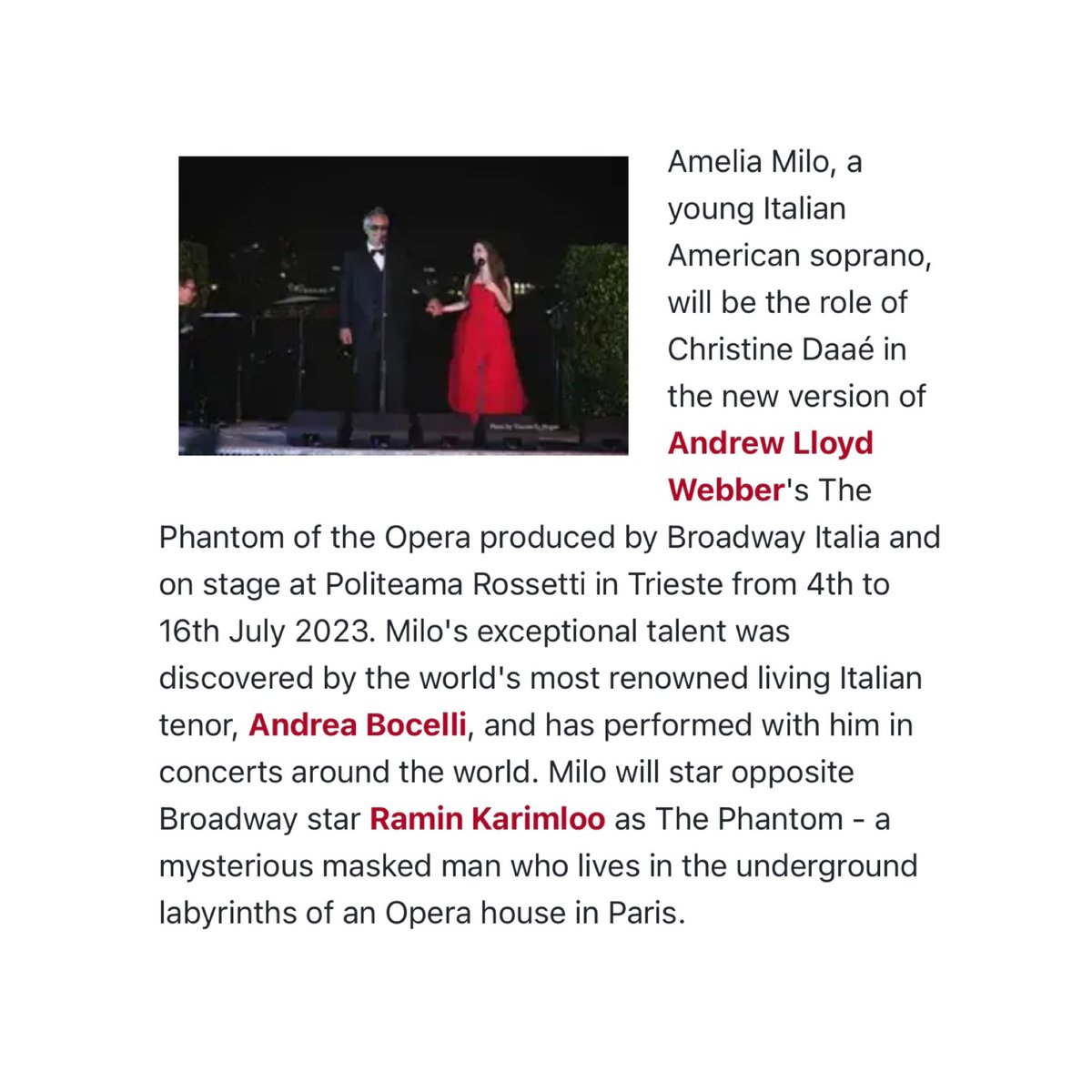 amelia__milo's tweet photo. My dream role since I was a little girl. 🥹❤️🌹 Andrew Lloyd Webber’s glorious score always captured my heart. It is an honor to play this role alongside the amazing Ramin Karimloo. Thank you @OfficialALW , B’Way Italia, @AndreaBocelli &amp; RUG for believing in me! Dream come true. https://t.co/3Eg2QX791G