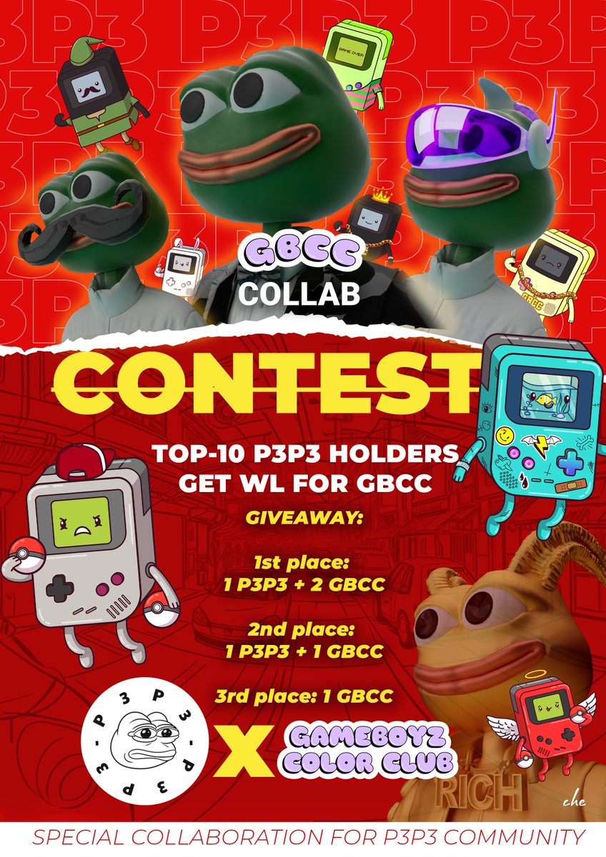 GBCCNFT's tweet photo. We are happy to announce a new collaboration contest with P3P3!
🥇🥈🥉
Joining is simple:
1️⃣ Follow @GBCCNFT and @p3p3nfts 
2️⃣ LIKE&amp;RT + Tag 3 #NFT Friends
3️⃣ Join our TG groups: https://t.co/hRXsnZuem2 &amp; https://t.co/JyaoawcJ6A

(⏳Deadline: 5 days! ) https://t.co/3dbdM4LglO