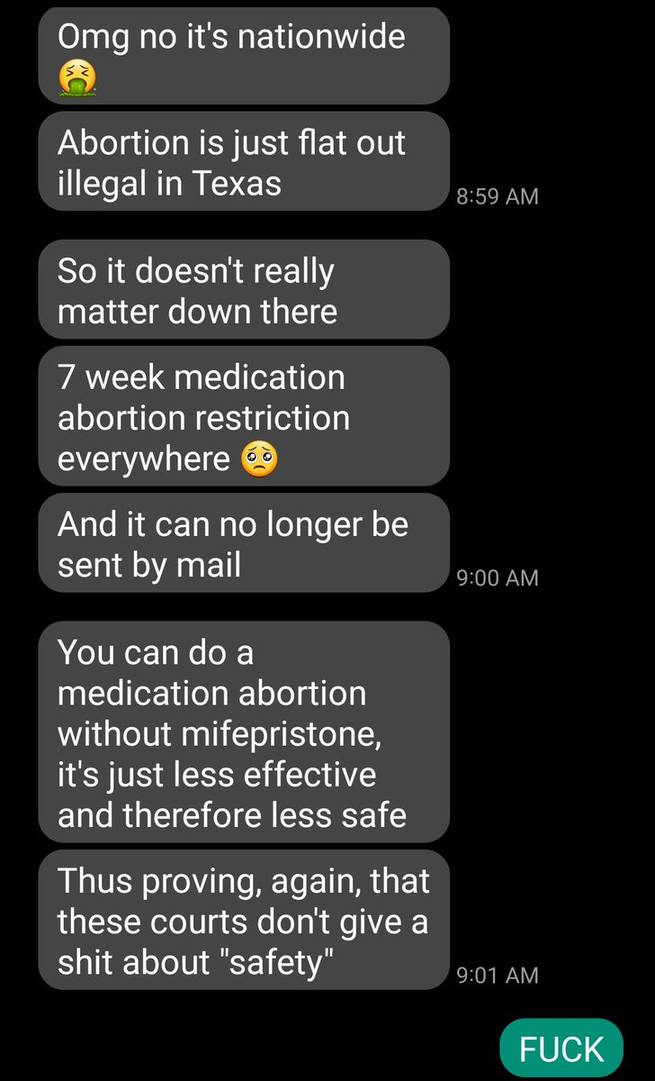 ALiS0NLAURA's tweet photo. My texts this morning with a LEGAL abortion provider and nurse practitioner in Oregon.

We are in deep shit. Women will die.
#ImpeachClarenceThomas #Abortion #7weeks https://t.co/h3qU6h0O8G