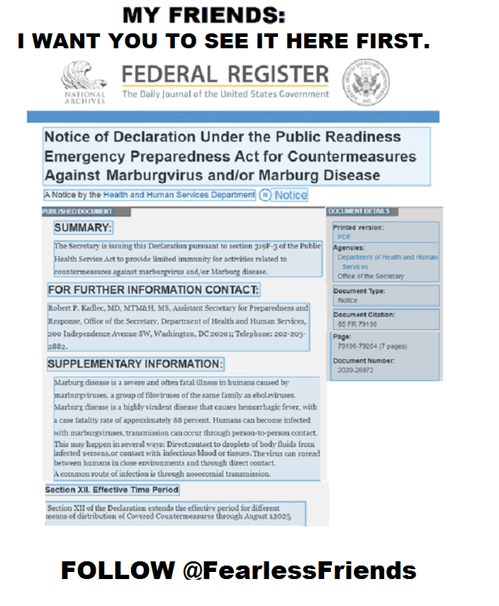 FearlessFriends's tweet photo. HERE IS IRREFUTABLE EVIDENCE:
From the #FederalRegister, The Daily Journal of the #UnitedStates Government. #Marburg Declaration.
Zoom in so you can see the dates on this official document. THIS IS THE SMOKING GUN.👇 https://t.co/8zXnb2aYkl