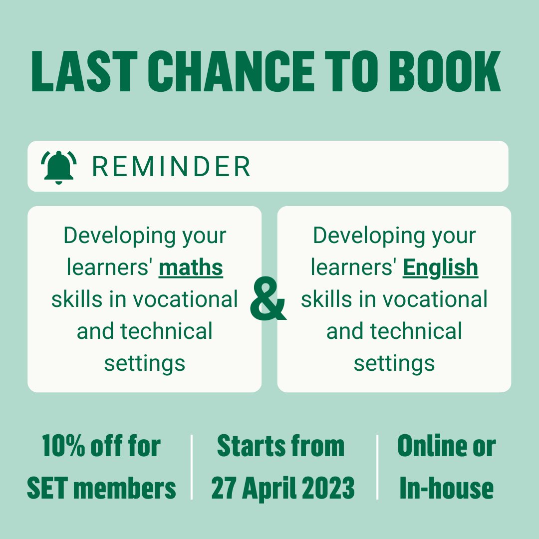 E_T_Foundation's tweet photo. There are only two weeks left to secure your place on our longer technical teaching courses! 

To book on to our maths course 👉 https://t.co/aE0awLC84x.

For our English course 👉 https://t.co/xJMtDvjHVH. https://t.co/f8DR1VuQQ1