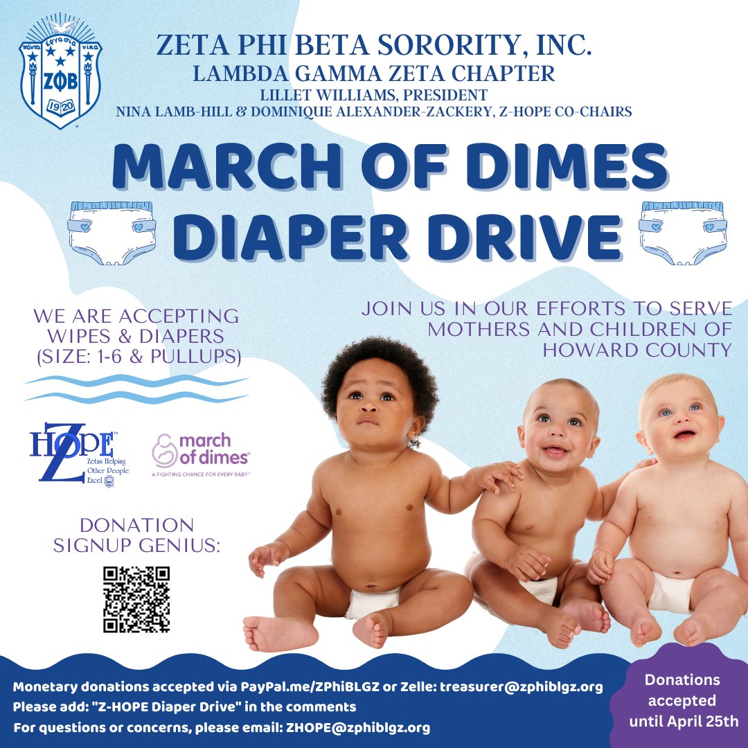 zphib_lgz's tweet photo. Join us by donating to the Zeta Phi Beta Sorority, Inc., Lambda Gamma Zeta Chapter’s March of Dimes Diaper Drive.
https://t.co/ho3MkRqsG0
Your donations are greatly appreciated!
#LGZHoCo #ZHOPE #howardcounty #storksnest #diaper #LGZ #ZetaPhiBeta #diaperdrive https://t.co/Qe1KToF2ru