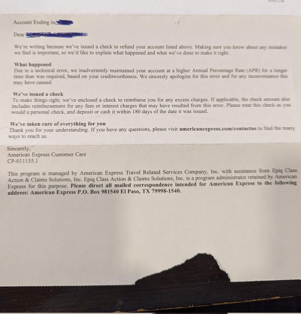 LSGreenhill's tweet photo. Another reason why I love @AmericanExpress What CC sends you a reimbursement check for inadvertently charging you a higher APR!?!? And provides a thorough explanation #CustomerService #integrity #17YearMember https://t.co/OJjjMC9ez6