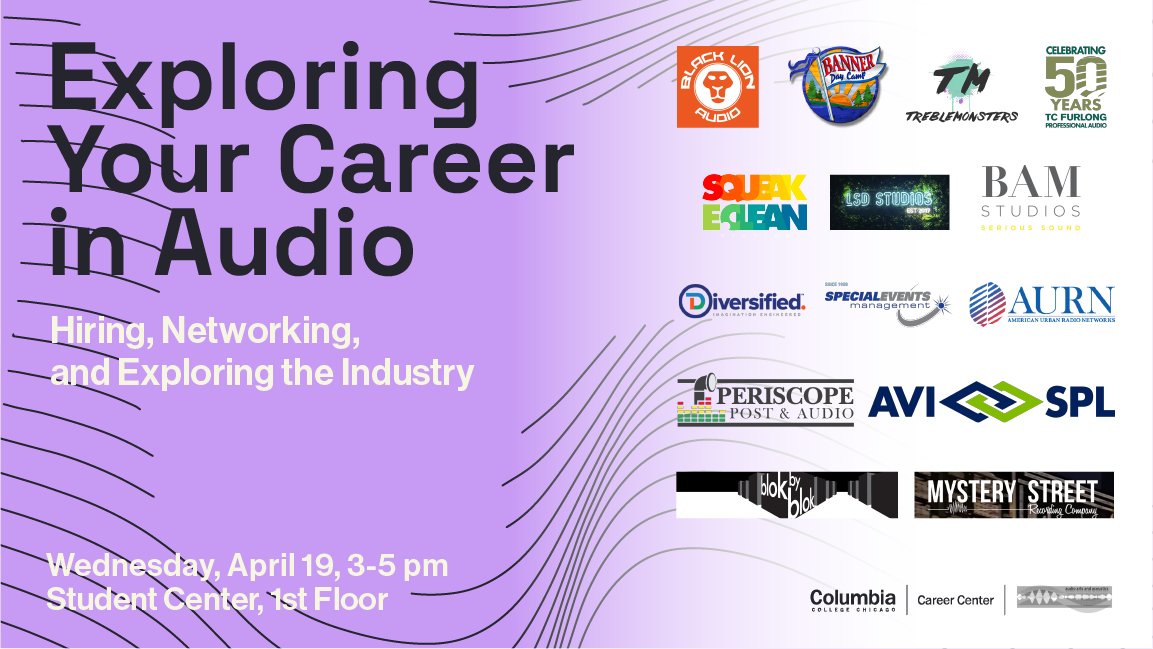 SAMcolum's tweet photo. Register for the Exploring Your Career in Audio Panel &amp; Fair
When: April 19, 2023
Panel: 3:00pm-3:30pm
Fair: 3:30pm-5:00pm

Where: Student Center, 754 S Wabash
Panel: 3rd floor Lounge space
Fair: 1st floor

Register here: https://t.co/57gLjkYLZD https://t.co/khzdwnEj53