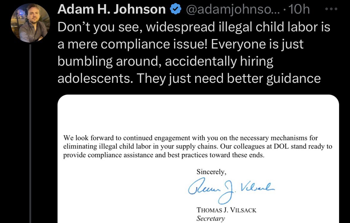 PushDemsLeft's tweet photo. Literal child labor is surging under Biden, so his administration responds by… writing a letter about it. https://t.co/k485RF0IEm