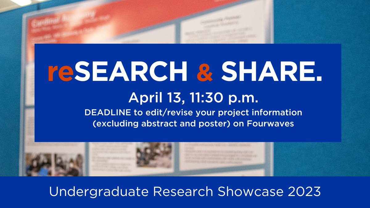 Undergraduate Student Researchers at #URS2023,
Today is the DEADLINE to finalize your project information on Fourwaves. 

We are thrilled to see all the amazing submissions and look forward to your #posterpresentations at #URS2023

#boisestate #undergraduateresearch