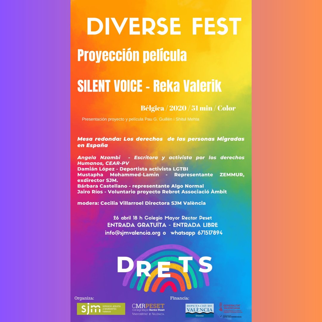 sjm_vlc's tweet photo. Os invitamos a #Diverse Fest, un encuentro de cine en primera persona sobre los derechos de las personas migradas.

🗓️ Miércoles 26 de abril, a las 18h.
📍Colegio Mayor Rector Peset

Con la colaboración de @GVAinclusio  y #dival https://t.co/HMiCBw4V33