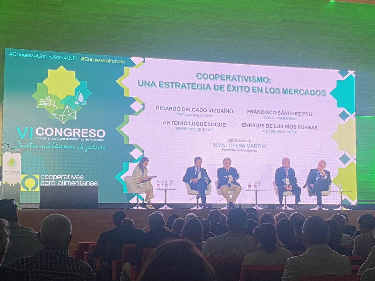 Mesa redonda en VI #CongresoCoopsAgroAND <a href="/CoopsAgroAND/">Cooperativas Agro-alimentarias de Andalucía</a> 

Participan👉Ricardo Delgado, Pte.
<a href="/Covap/">COVAP</a>, Antonio Luque, Pte. <a href="/DcoopSCA/">Dcoop SCoop</a>, Francisco Sánchez, CEO, <a href="/onubafruit/">Onubafruit</a>, Enrique de los Ríos, CEO <a href="/unicagroup/">UNICA GROUP</a>

Modera <a href="/Inmalopera/">Inma Lopera Martos</a>
#CultivamosFuturo