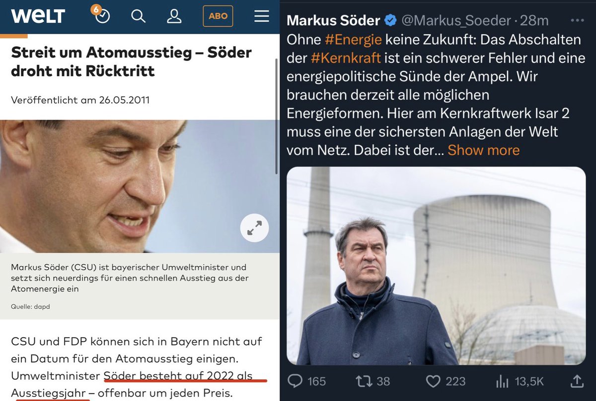 rosenbusch_'s tweet photo. Söder tweetet weiter:

„Das Ende der Kernenergie ist rein ideologisch getrieben und mit großer Doppelmoral der Bundesregierung.“

Ja, das ist der gleiche Söder. Jetzt ist Wahlkampf, da dreht er sich saisonal schneller als ein Wetterhahn im Wirbelsturm…

https://t.co/k2nsVal51M https://t.co/g7gaQGPsQ3