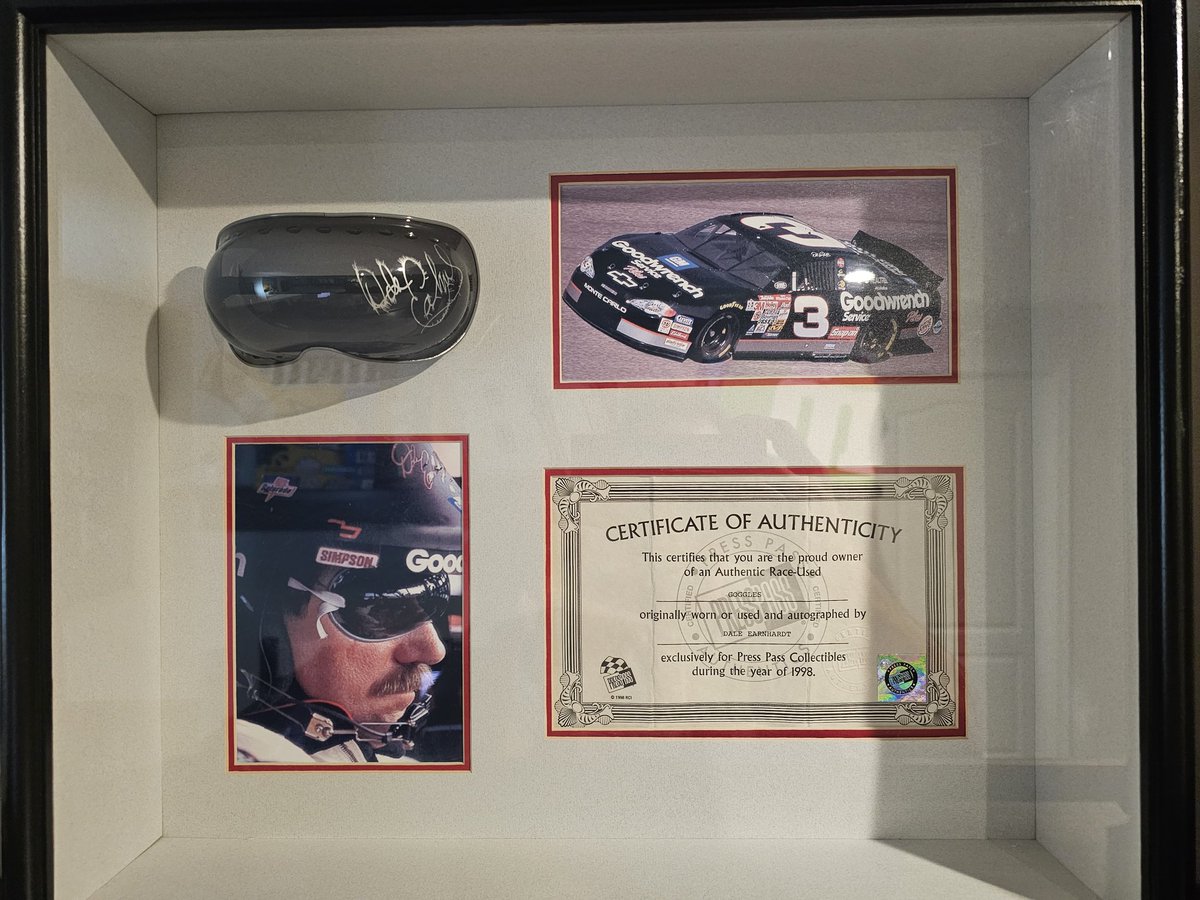 MattDeLuca3's tweet photo. @DaleJr Wanted to share a couple of awesome collectibles of your dad that I feel are pretty rare. The autograph goggles I mounted in a shadow box and were part of a random race used memorabilia insert from that years Press Pass trading cards. I've never seen another like it. https://t.co/il1f9P7bIt