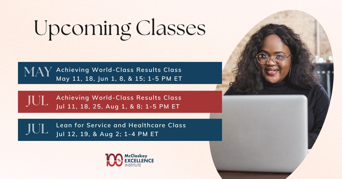 Join leaders from around the nation who are learning how to make their operations more efficient and effective. Register today for our Achieving World-Class Results class and our Lean for Service &amp; Healthcare class! mcclaskeyexcellence.com/our-courses/si…