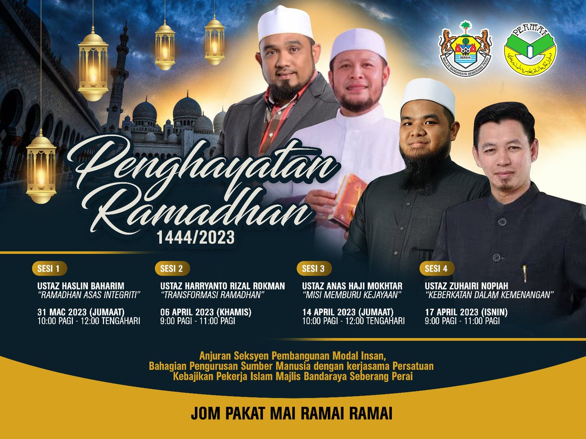 UAMcenter's tweet photo. Jom bersama-sama kita hadir &amp; memeriahkan Program Penghayatan Ramadan 1444H/2023.

Sesi 3
Tarikh : 14 April 2023 (Jumaat)
Masa : 10.00 pagi - 12.00 Tengahari
Penceramah : Ustaz Anas Haji Mokhtar
Tajuk : Misi Memburu Kejayaan (sesi 3) https://t.co/vpbouXbc33