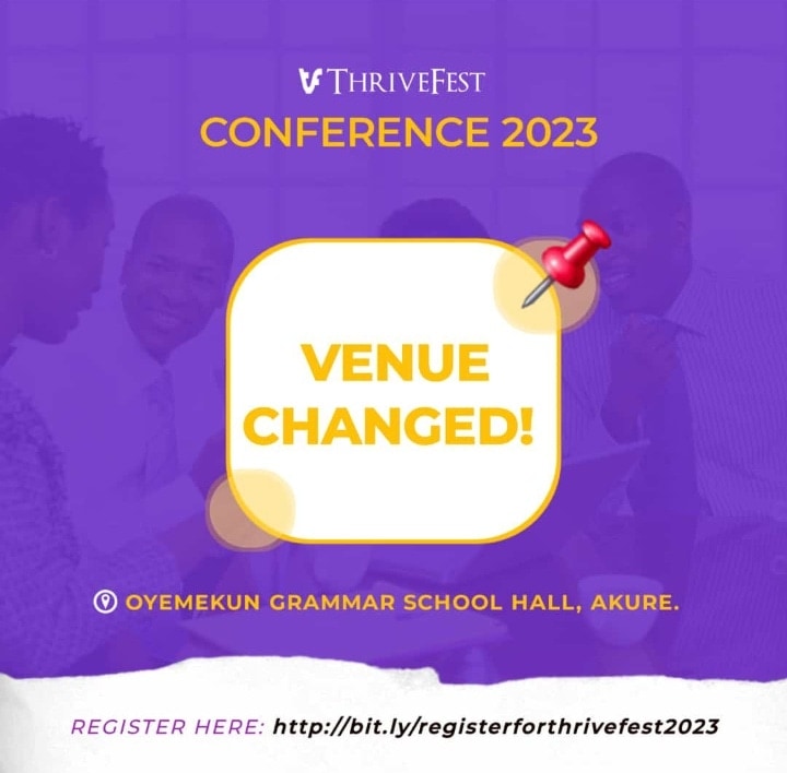 thrivefestgb's tweet photo. IMPORTANT UPDATE‼️🔔

Please, Let's take note of this and Let's Share!

Venue of Thrivefest Conference is now at Oyemekun Grammar School Hall, Akure instead of Ondo State library board Hall.

Thanks! https://t.co/d3WOMMdM2I