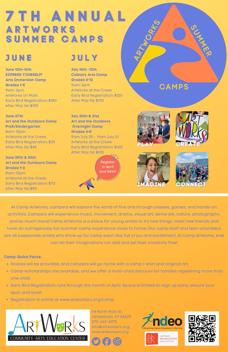 ArtWorksRC's tweet photo. Summer Camp registration is NOW OPEN and camps are filling up! Register before May 1st and save! Visit https://t.co/jI1OuxC0iC for more information and to get registered for summer fun at Camp ArtWorks! https://t.co/AC8HHU1KJB
