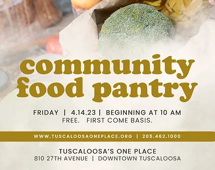 MESgojaguars's tweet photo. #MESWay @MESgojaguars @ldjc47 @tacnupes1911 @krl1920 @dr_dedre @JenManningRLS @GJBenner @acassity1 @Dscott725
Community Food Pantry - Free - First Come Basis
Friday, April 14, 2023 Beginning at 10:00am
Tuscaloosa's One Place
810 27th Avenue Downtown Tuscaloosa https://t.co/uYdk4AQNKY