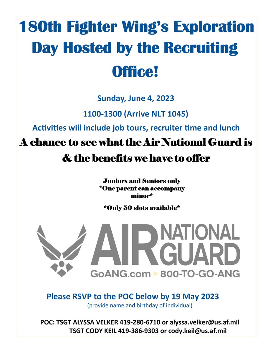 SpringfieldSch7's tweet photo. Attention Juniors &amp; Seniors!! Interested in the Air National Guard? Please consider registering for the 180th Fighter Wing's Exploration Day. Information is in the flyer below. https://t.co/UbNeLjpTgc