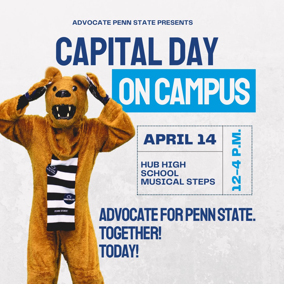 Capital Day On Campus, a day of #PennState advocacy, is happening THIS Friday at the HUB Musical Steps. This is our chance to show that our voices are important – that we are a strong, united community that deserves fair funding. @advocatestate
#AdvocatePennState #PSUCapitalDay