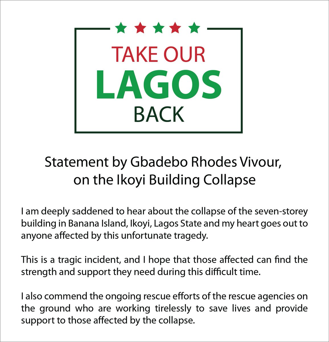 GRVlagos's tweet photo. Official Statement on the Ikoyi Building Collapse.
#obidients #ourlagos https://t.co/Fh33fW8S87
