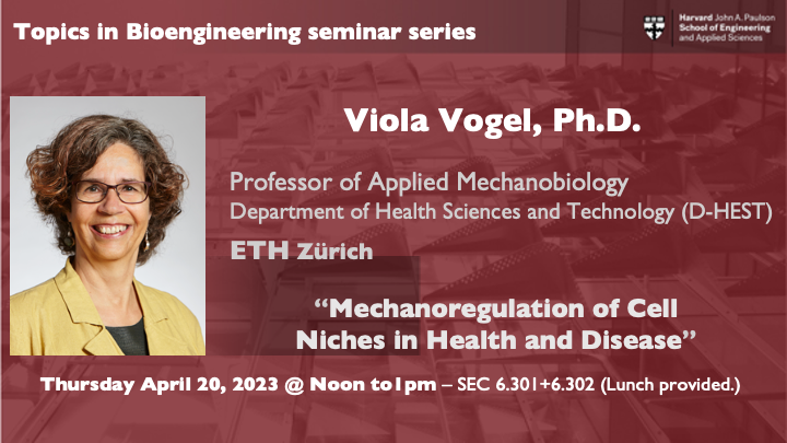 KoladeAdebowal1's tweet photo. Excited to welcome Prof. Viola Vogel from @ETH_en for next week's @hseas Topics in Bioengineering seminar on Thursday 4/20 @ 12pm EST, SEC 6.301/302. Open to all. Please register @ https://t.co/qaKmRcTOZj. See you there! https://t.co/QuKgwi3Pll